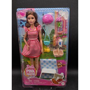 Barbie Pink Passport Doll w/ Picnic Accessories Red & White Striped Dress Mattel